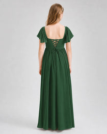 Emerald Green Junior Bridesmaid Dress Flutter Sleeve Chiffon Long Gown