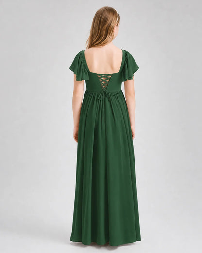 Emerald Green Junior Bridesmaid Dress Flutter Sleeve Chiffon Long Gown