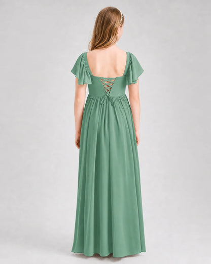 Eucalyptus Junior Bridesmaid Dress Flutter Sleeve Chiffon Long Gown