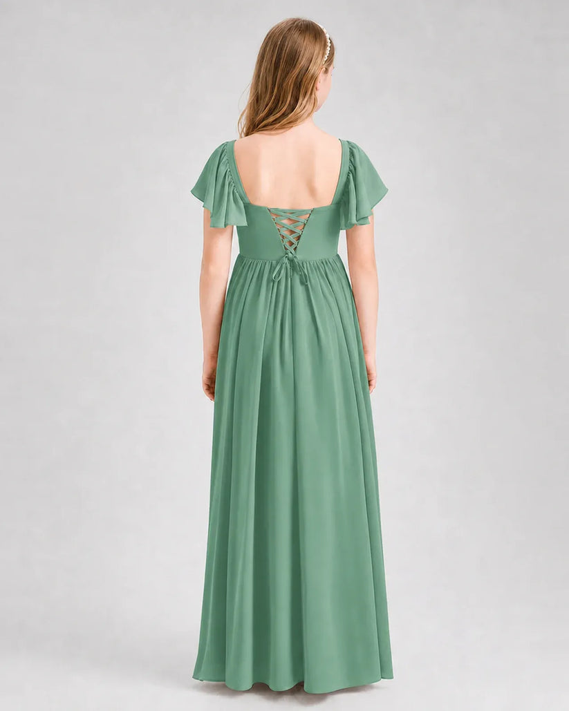 Eucalyptus Chiffon A-line Junior Bridesmaid Dress Back View
