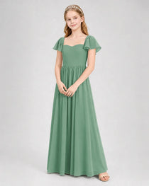 Eucalyptus Junior Bridesmaid Dress Flutter Sleeve Chiffon Long Gown
