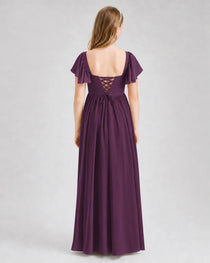 Grape Junior Bridesmaid Dress Flutter Sleeve Chiffon Long Gown