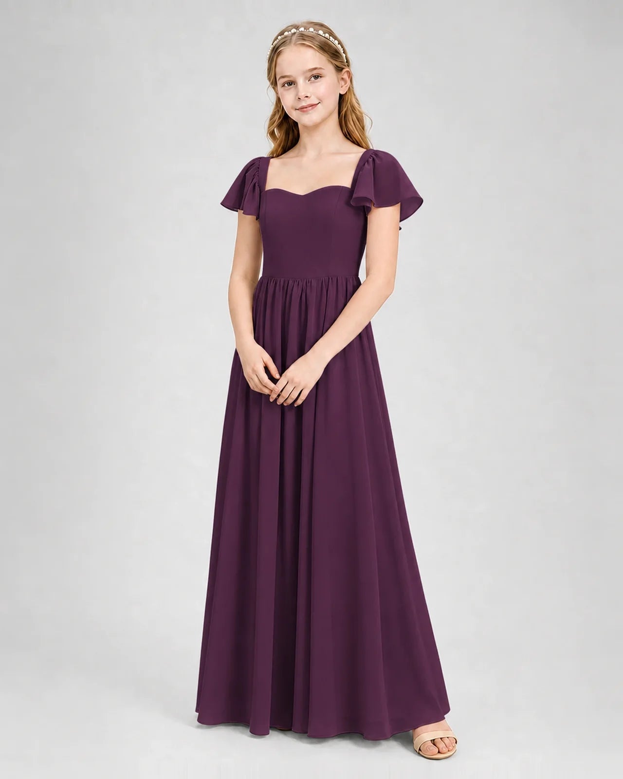 Grape Junior Bridesmaid Dress Flutter Sleeve Chiffon Long Gown