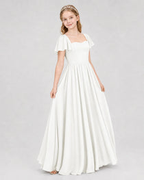 Ivory Junior Bridesmaid Dress Flutter Sleeve Chiffon Long Gown