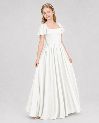 Ivory Junior Bridesmaid Dress Flutter Sleeve Chiffon Long Gown