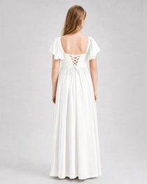 Ivory Junior Bridesmaid Dress Flutter Sleeve Chiffon Long Gown