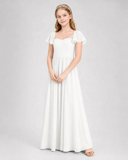 Ivory Junior Bridesmaid Dress Flutter Sleeve Chiffon Long Gown