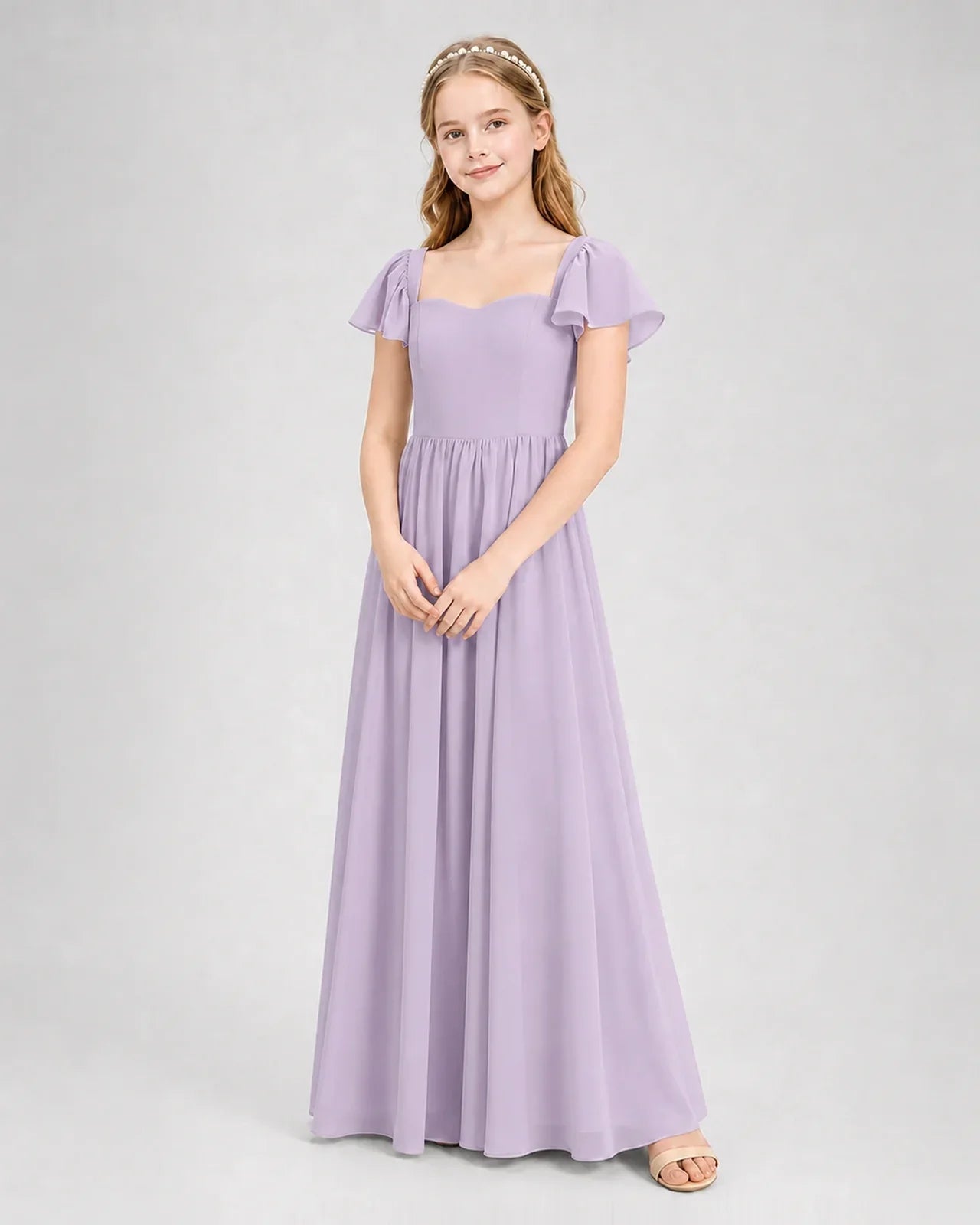 Lavender Junior Bridesmaid Dress Flutter Sleeve Chiffon Long Gown