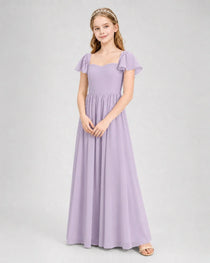 Lavender Junior Bridesmaid Dress Flutter Sleeve Chiffon Long Gown