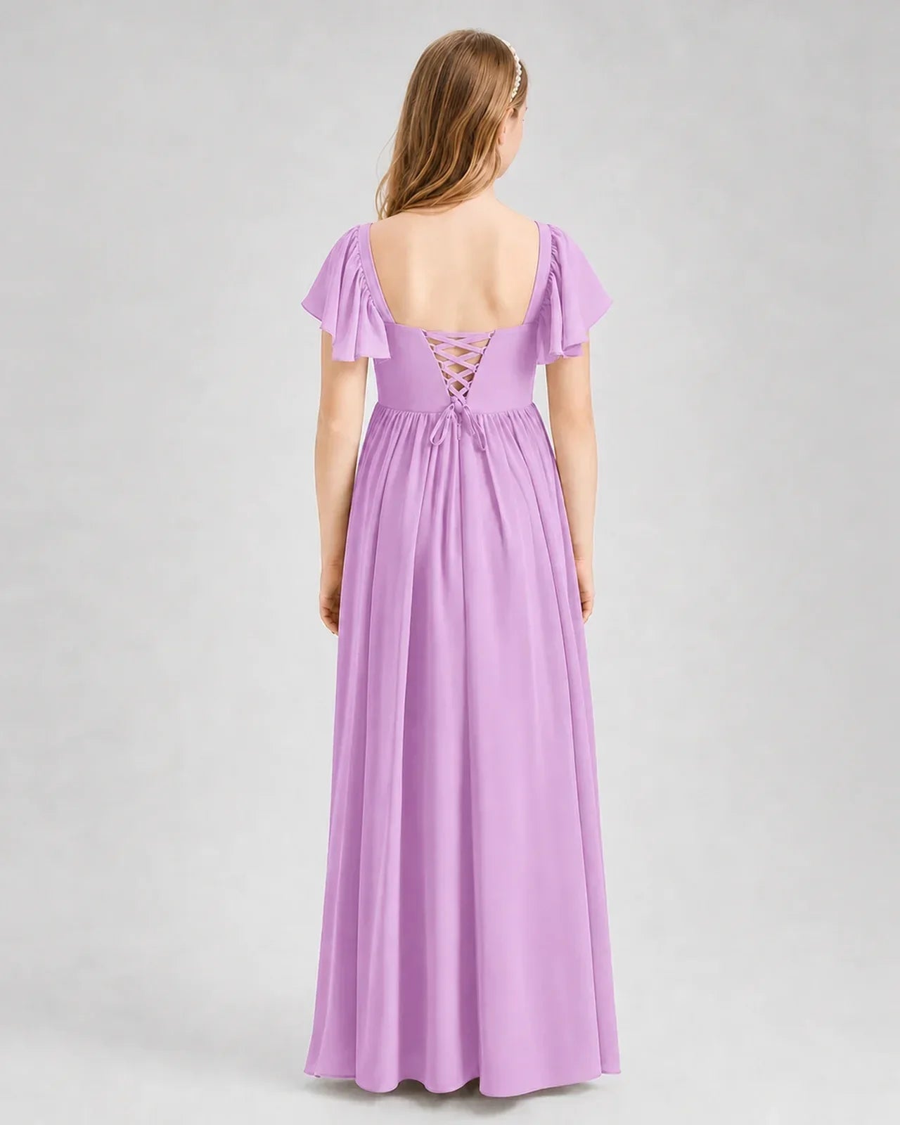 Lilac Junior Bridesmaid Dress Flutter Sleeve Chiffon Long Gown