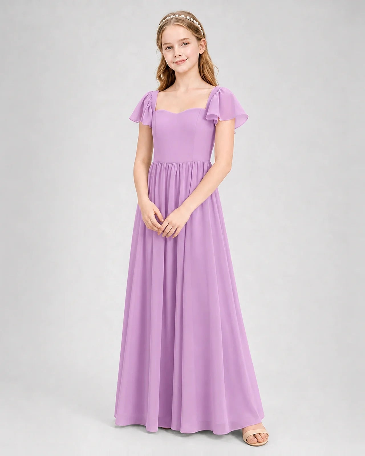 Lilac Junior Bridesmaid Dress Flutter Sleeve Chiffon Long Gown