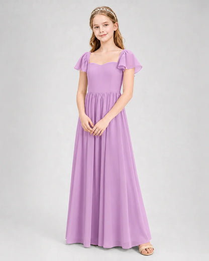 Lilac Junior Bridesmaid Dress Flutter Sleeve Chiffon Long Gown