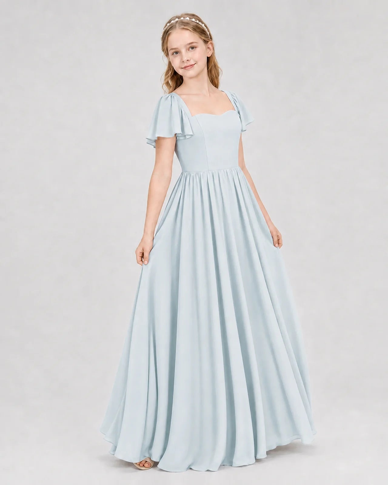 Mist Junior Bridesmaid Dress Flutter Sleeve Chiffon Long Gown