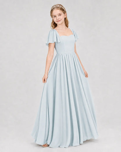 Mist Junior Bridesmaid Dress Flutter Sleeve Chiffon Long Gown