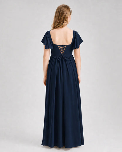 NavyBlue Junior Bridesmaid Dress Flutter Sleeve Chiffon Long Gown