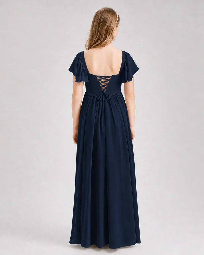 Navy Blue Chiffon A-line Junior Bridesmaid Dress Back View