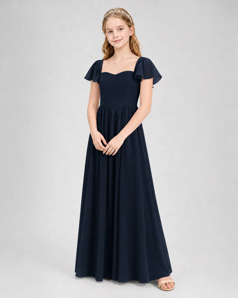 Navy Blue Chiffon A-line Junior Bridesmaid Dress Front View