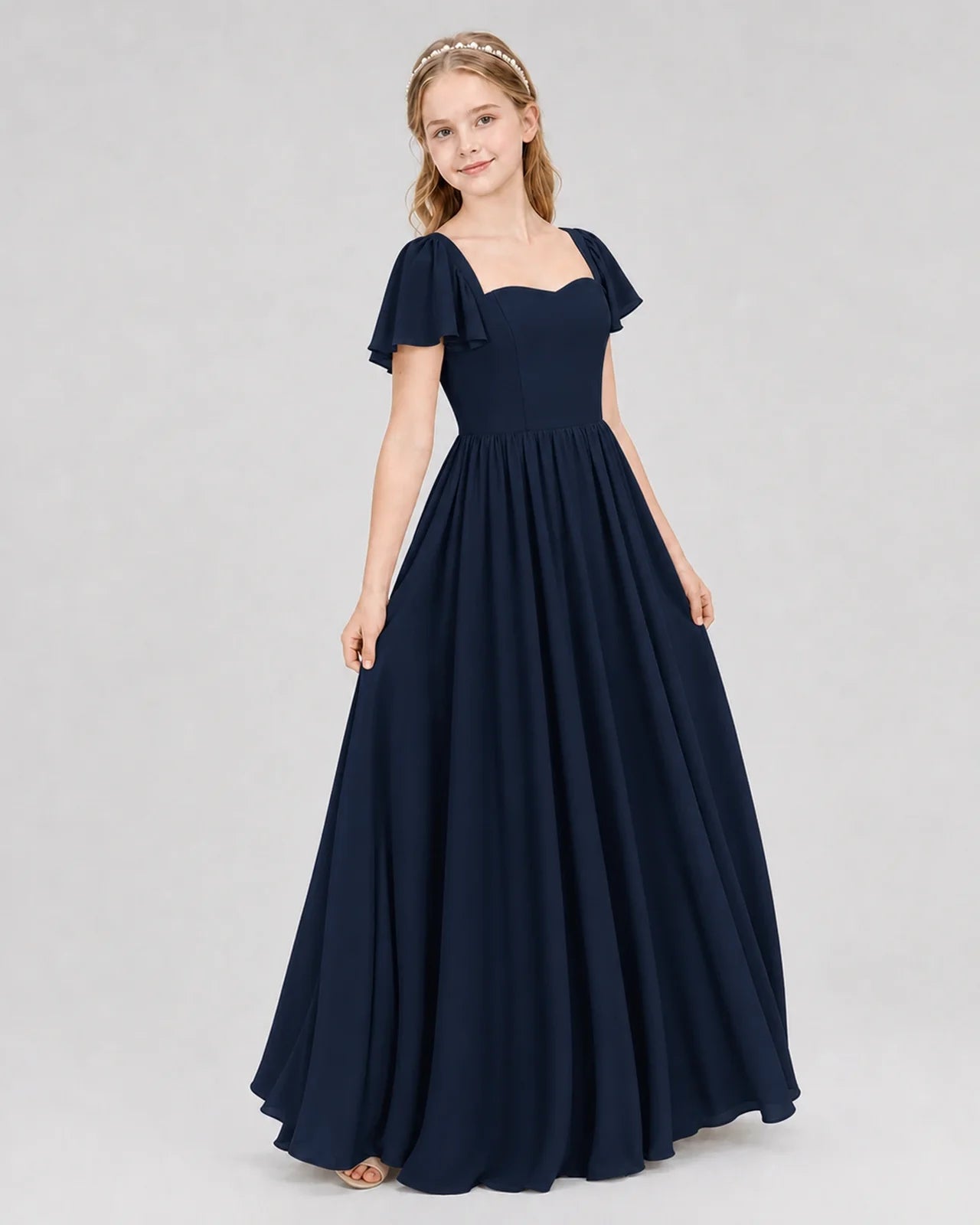 Navy Blue Junior Bridesmaid Dress Flutter Sleeve Chiffon Long Gown