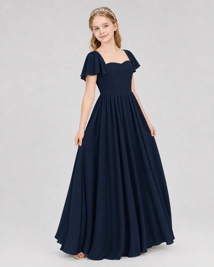 Navy Blue Chiffon A-line Junior Bridesmaid Dress Front View