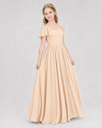 Peach Junior Bridesmaid Dress Flutter Sleeve Chiffon Long Gown