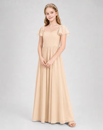 Peach Junior Bridesmaid Dress Flutter Sleeve Chiffon Long Gown