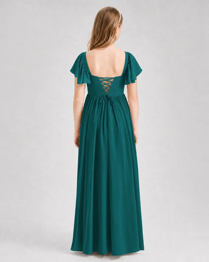 Peacock Junior Bridesmaid Dress Flutter Sleeve Chiffon Long Gown