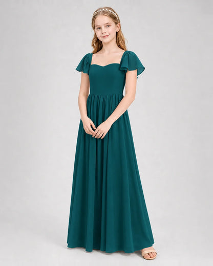 Peacock Junior Bridesmaid Dress Flutter Sleeve Chiffon Long Gown