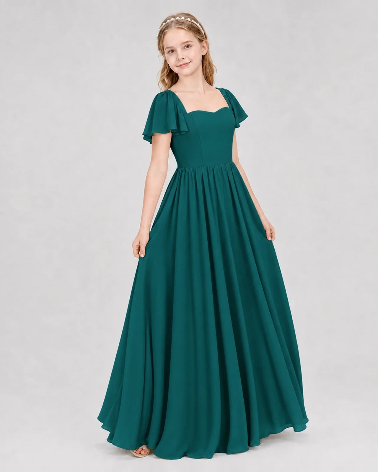 Peacock Junior Bridesmaid Dress Flutter Sleeve Chiffon Long Gown