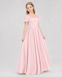 Pink Junior Bridesmaid Dress Flutter Sleeve Chiffon Long Gown