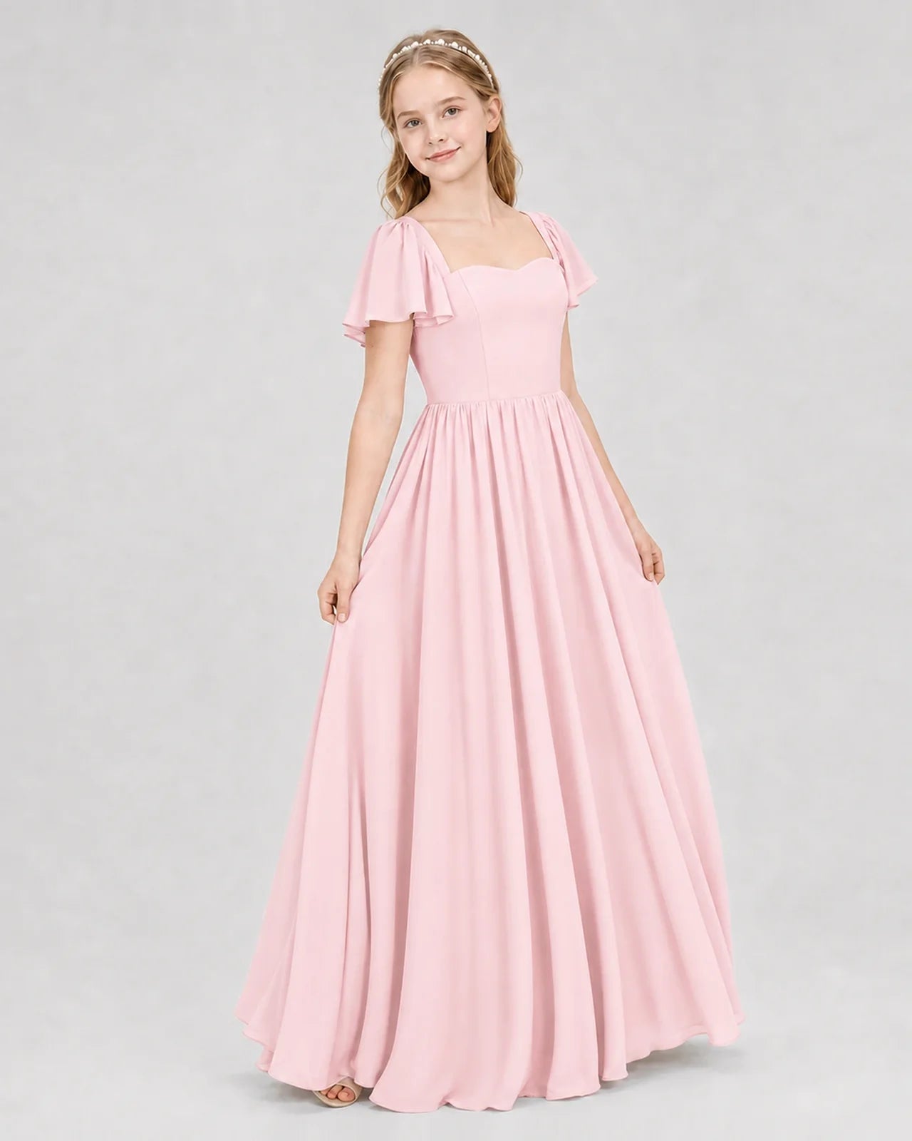 Pink Junior Bridesmaid Dress Flutter Sleeve Chiffon Long Gown