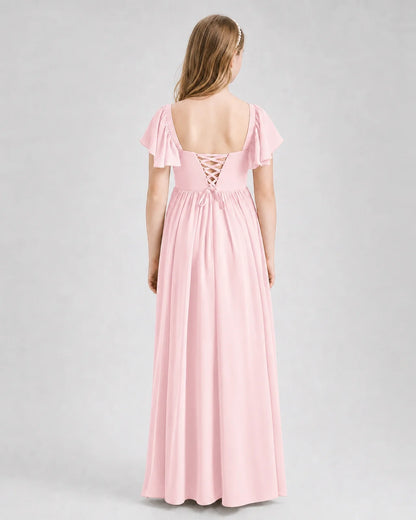 Pink Junior Bridesmaid Dress Flutter Sleeve Chiffon Long Gown