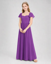 Purple Junior Bridesmaid Dress Flutter Sleeve Chiffon Long Gown