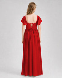 Red Junior Bridesmaid Dress Flutter Sleeve Chiffon Long Gown