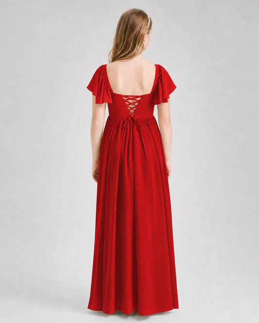 Red Chiffon A-line Junior Bridesmaid Dress Back View