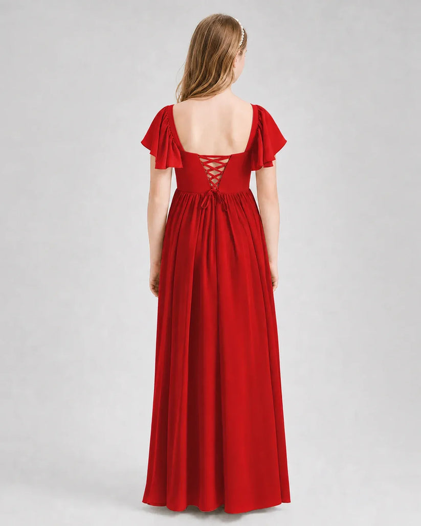 Red Chiffon A-line Junior Bridesmaid Dress Back View