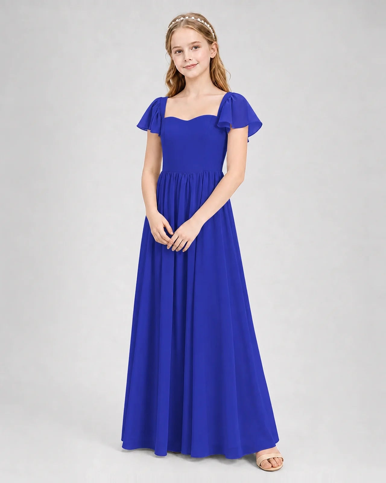 Royal Blue Junior Bridesmaid Dress Flutter Sleeve Chiffon Long Gown