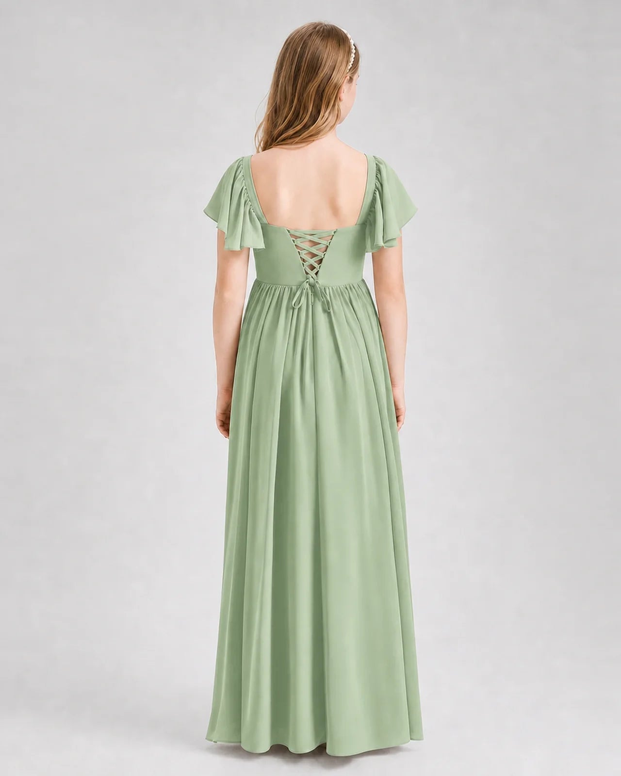 Sage Green Junior Bridesmaid Dress Flutter Sleeve Chiffon Long Gown
