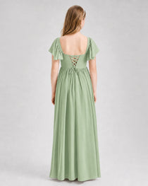 Sage Green Junior Bridesmaid Dress Flutter Sleeve Chiffon Long Gown