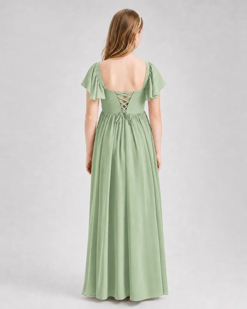 Sage Green Chiffon A-line Junior Bridesmaid Dress Back View