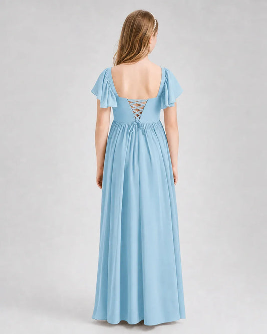 Sky Blue Chiffon A-line Junior Bridesmaid Dress Back View