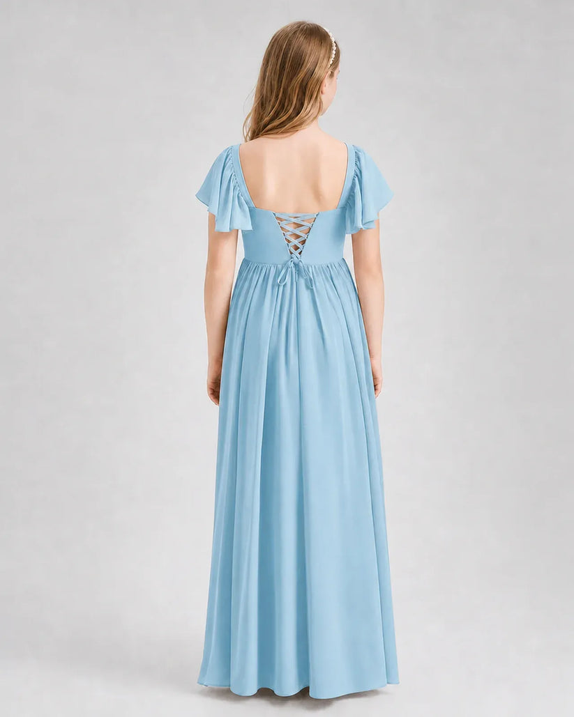 Sky Blue Chiffon A-line Junior Bridesmaid Dress Back View