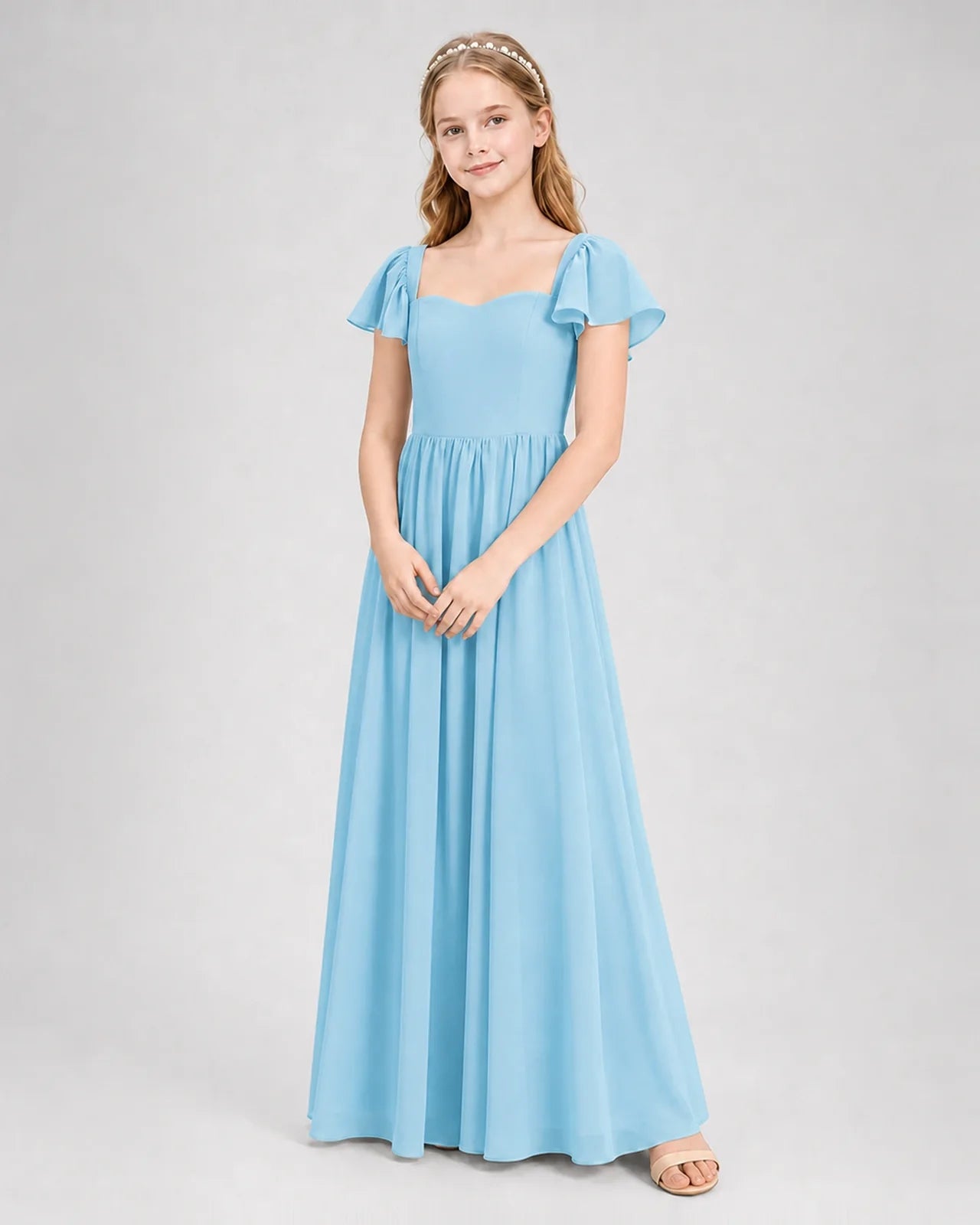Sky Blue Junior Bridesmaid Dress Flutter Sleeve Chiffon Long Gown