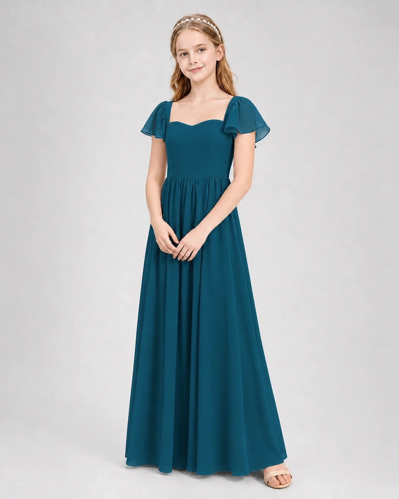 Teal Junior Bridesmaid Dress Flutter Sleeve Chiffon Long Gown