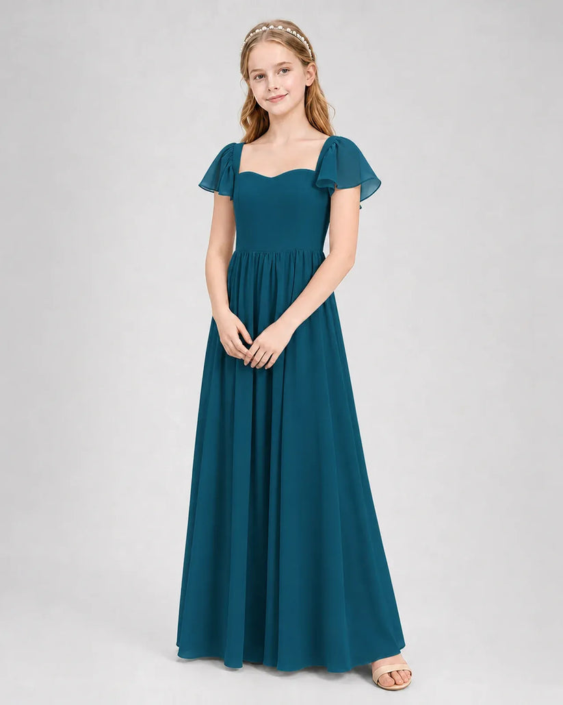 Teal Chiffon A-line Junior Bridesmaid Dress Front View