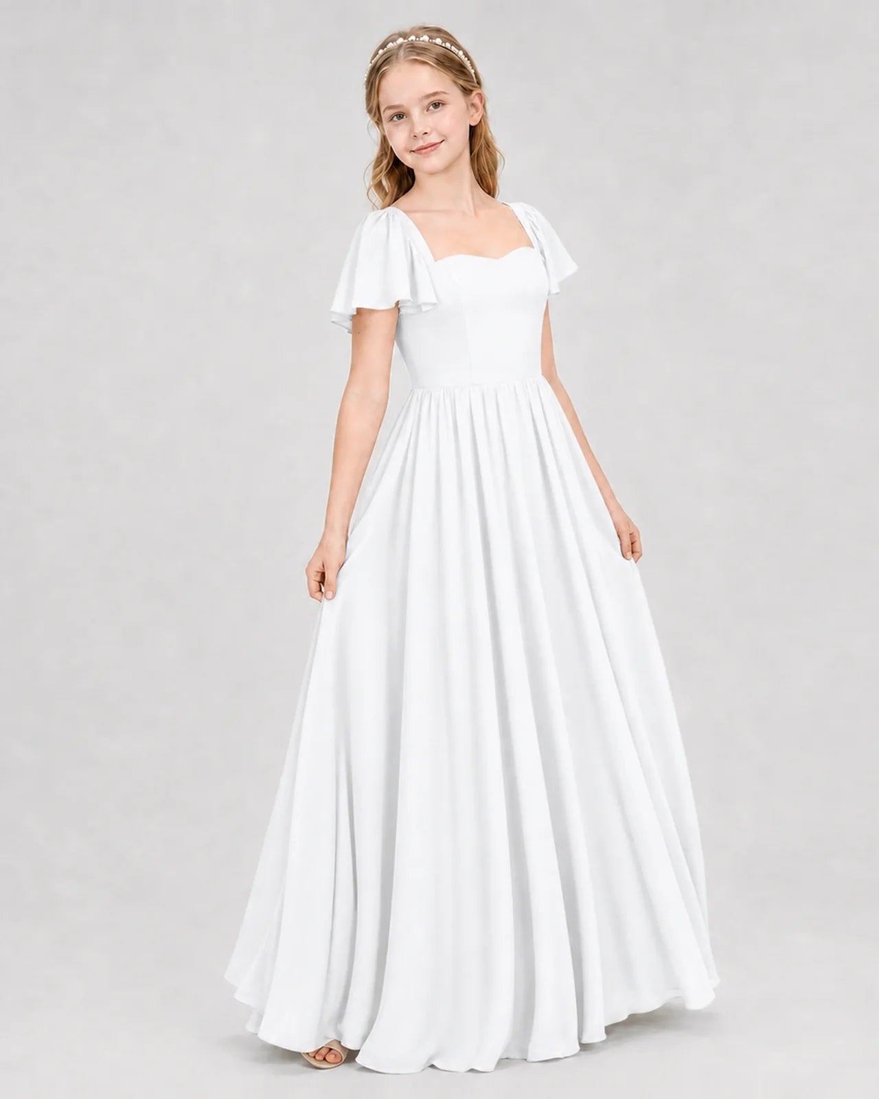 White Junior Bridesmaid Dress Flutter Sleeve Chiffon Long Gown