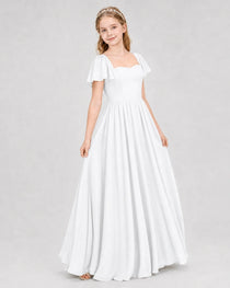 White Junior Bridesmaid Dress Flutter Sleeve Chiffon Long Gown