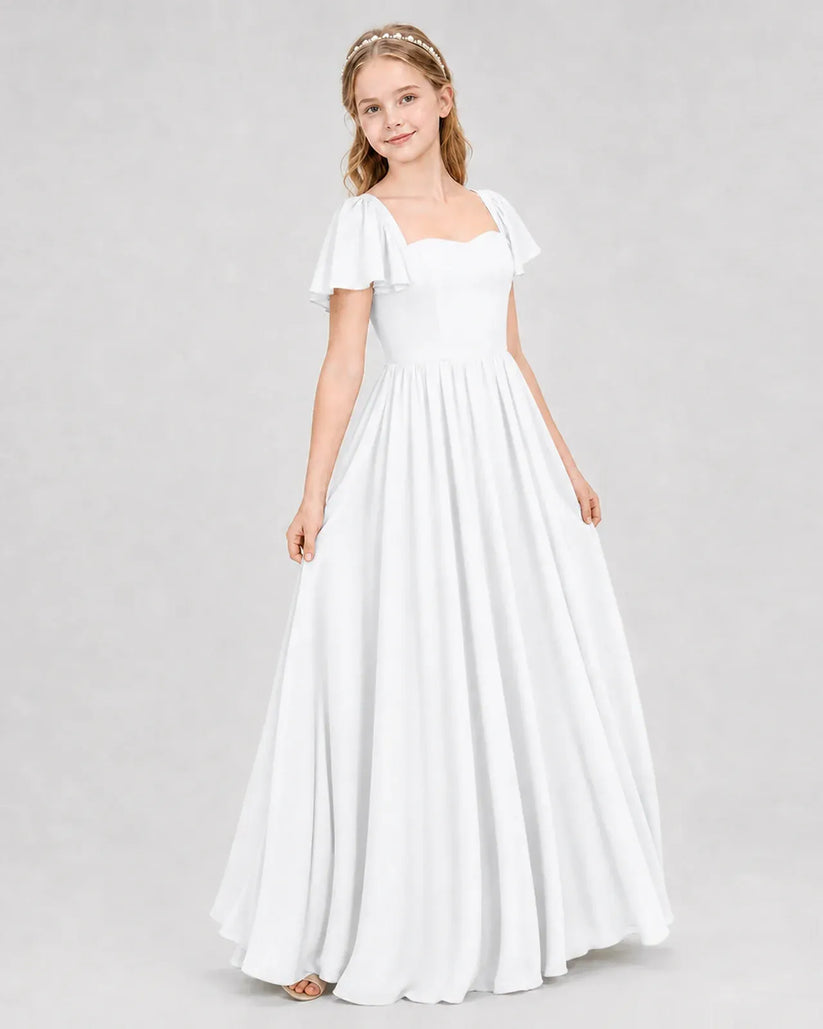 White Chiffon A-line Junior Bridesmaid Dress Front View