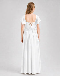 White Junior Bridesmaid Dress Flutter Sleeve Chiffon Long Gown