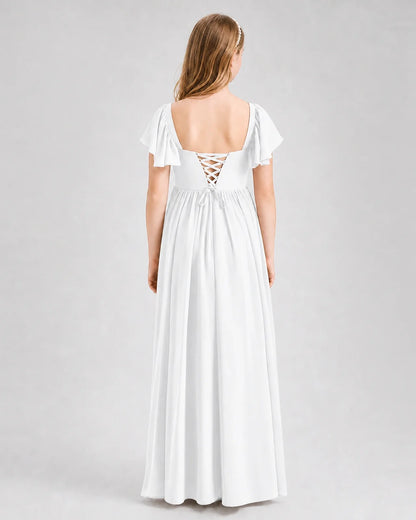 White Junior Bridesmaid Dress Flutter Sleeve Chiffon Long Gown