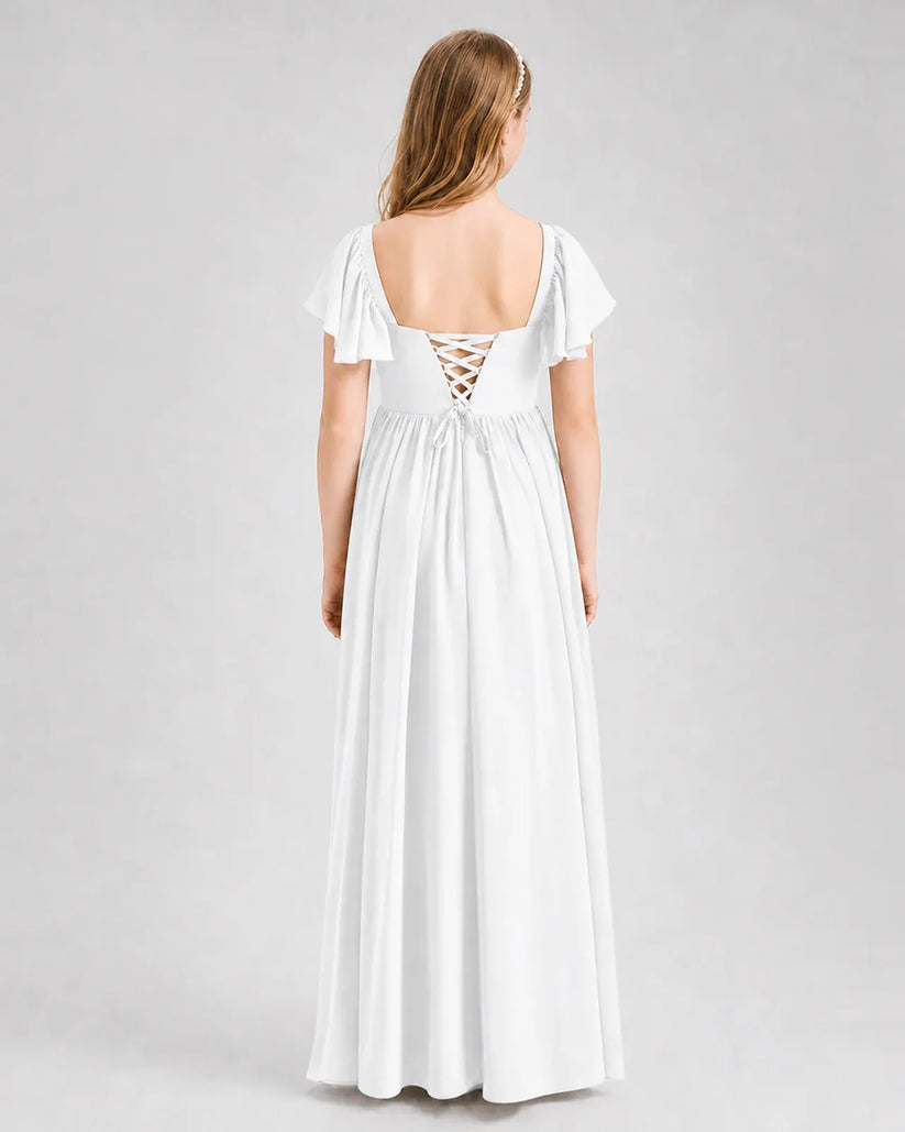 White Chiffon A-line Junior Bridesmaid Dress Back View